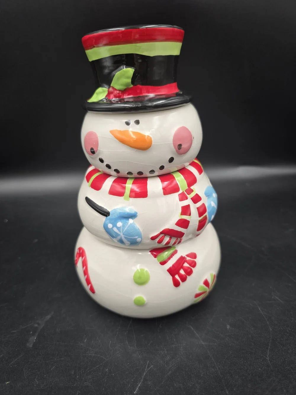 Pier 1 Colorful Ceramic Snowman with Red, Green, Blue and Orange Accents